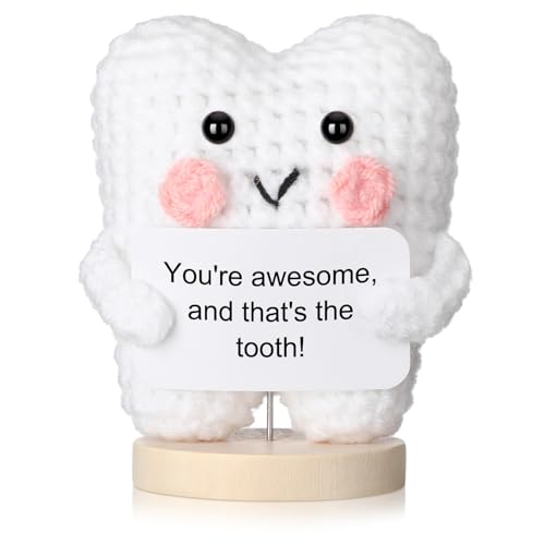 Simgoing Funny Positive Tooth Doll Dental Hygienist Gifts Small Cute Handmade Crochet Plush Doll with Card Dental Assistant Inspirational Gifts for Dentist Nurse Appreciation Office Desk Decor - Image 1