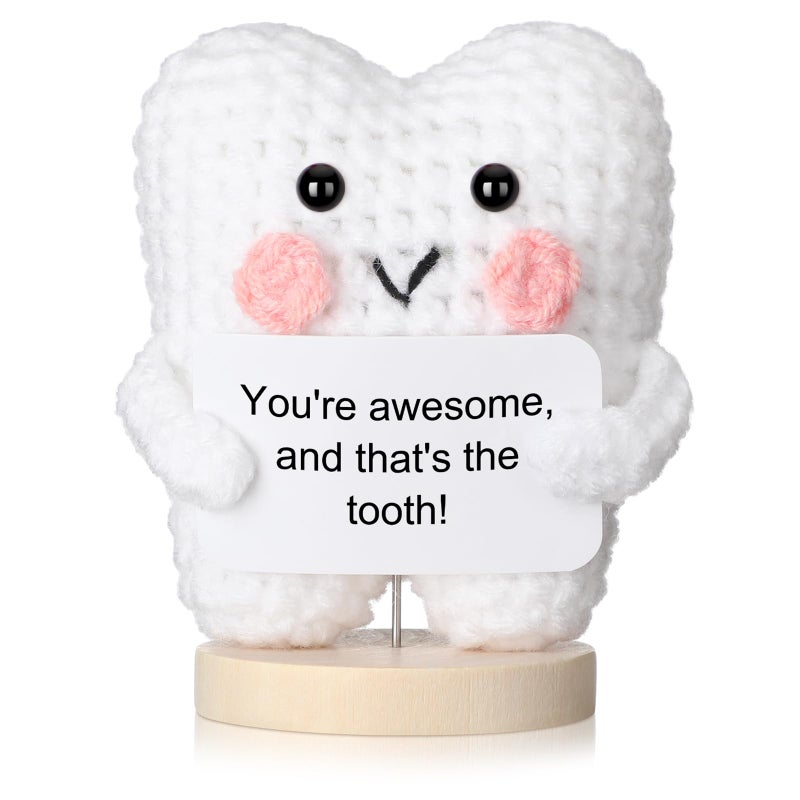 Simgoing Funny Positive Tooth Doll Dental Hygienist Gifts Small Cute Handmade Crochet Plush Doll with Card Dental Assistant Inspirational Gifts for Dentist Nurse Appreciation Office Desk Decor - Image 3