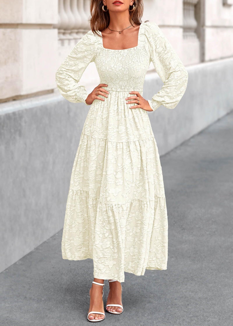 KIRUNDO Wedding Guest Dresses for Women Spring 2026 Long Sleeve Smocked Floral Flowy A Line Boho Maxi Dress Fashion Clothing (Cream, X-Large) - Image 4
