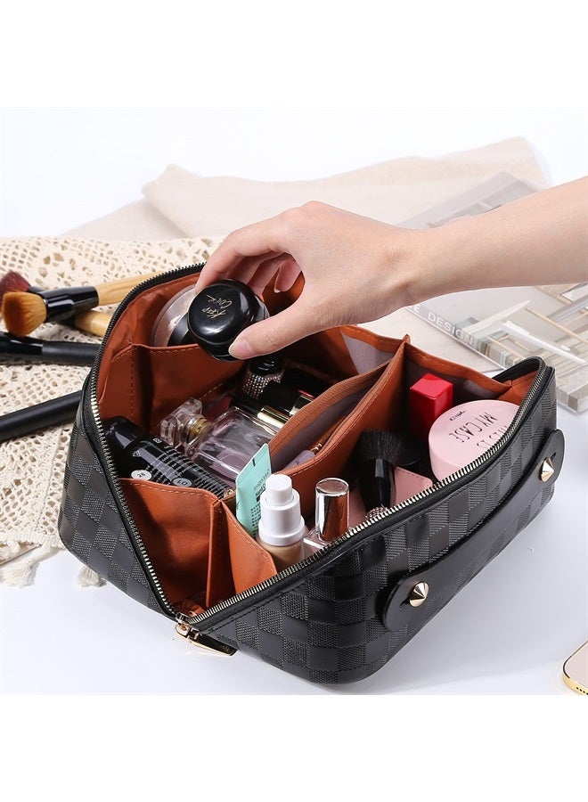Cessfle Large Capacity Travel Cosmetic Bag Plaid Checkered Makeup Bag Portable Leather Waterproof Skincare Bag with Handle and Divider for Women - Image 3