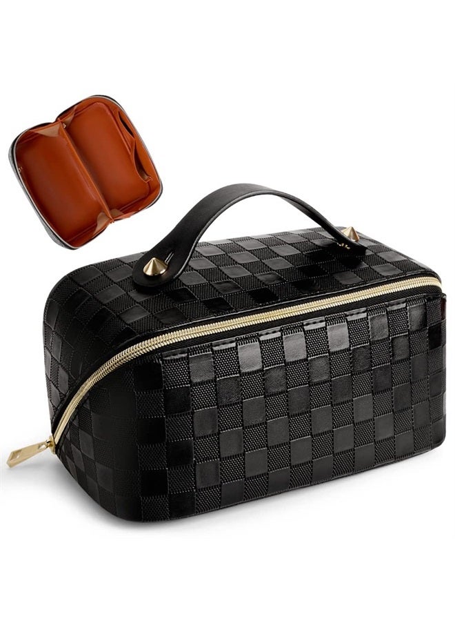 Cessfle Large Capacity Travel Cosmetic Bag Plaid Checkered Makeup Bag Portable Leather Waterproof Skincare Bag with Handle and Divider for Women - Image 1