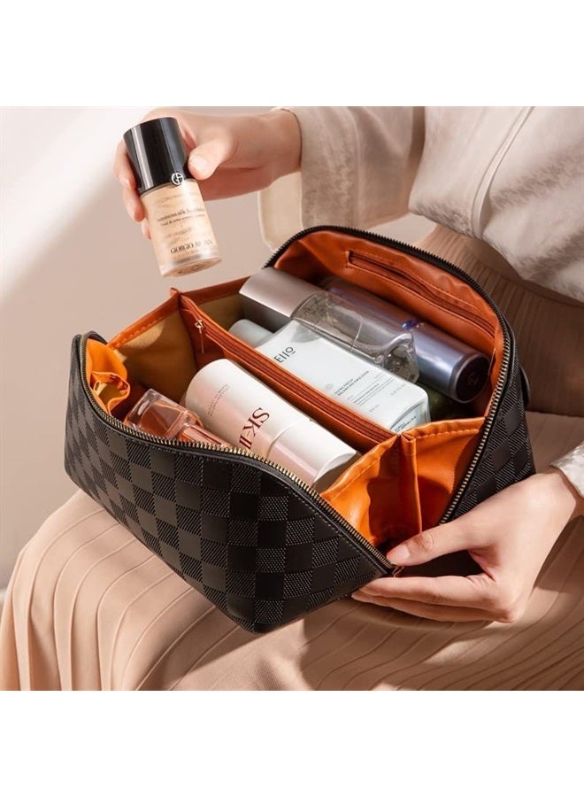 Cessfle Large Capacity Travel Cosmetic Bag Plaid Checkered Makeup Bag Portable Leather Waterproof Skincare Bag with Handle and Divider for Women - Image 2