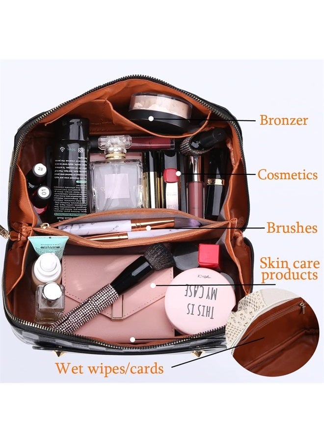 Cessfle Large Capacity Travel Cosmetic Bag Plaid Checkered Makeup Bag Portable Leather Waterproof Skincare Bag with Handle and Divider for Women - Image 5