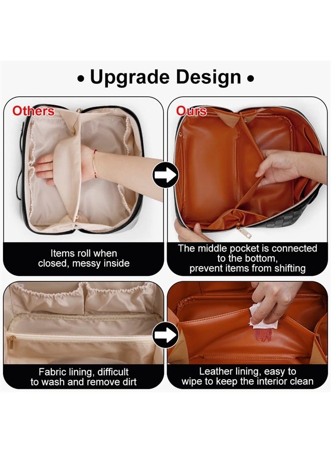 Cessfle Large Capacity Travel Cosmetic Bag Plaid Checkered Makeup Bag Portable Leather Waterproof Skincare Bag with Handle and Divider for Women - Image 4
