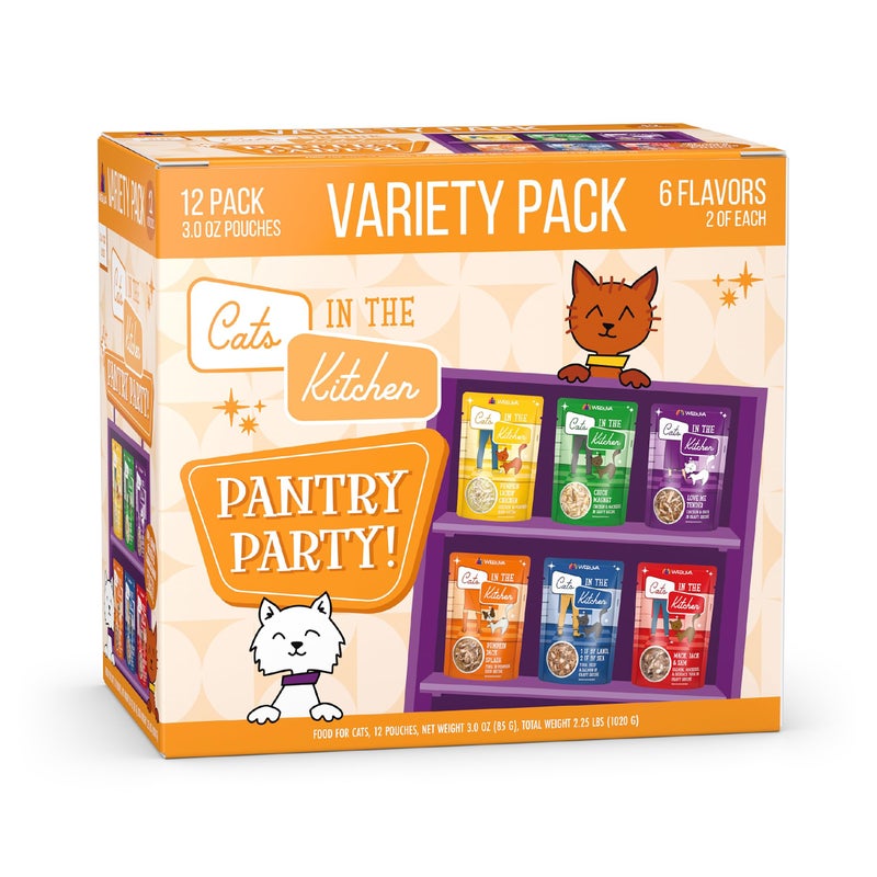 Weruva Cats in The Kitchen, Pantry Party Pouch Variety Pack in Gravy Cat Food, 3oz Pouch (Pack of 12) - Image 1