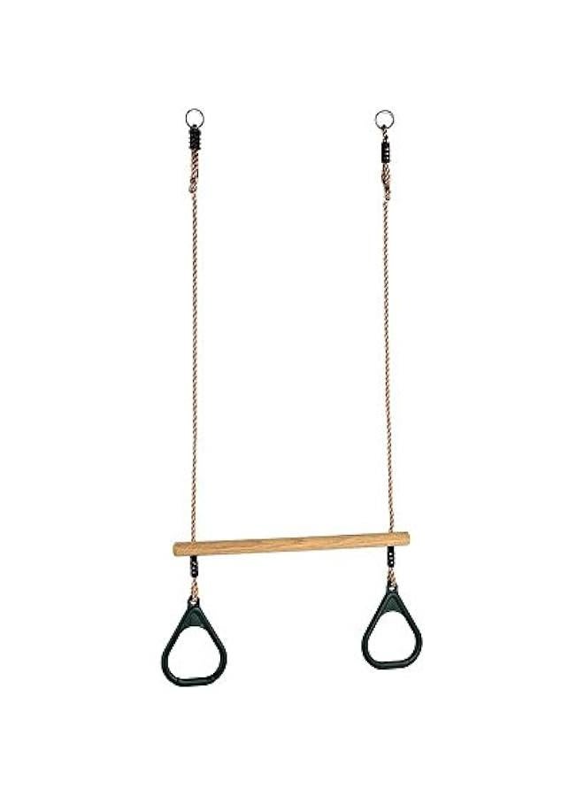 Wooden Trapeze with Plastic Gym Rings - Outdoor N Indoor Playground 2 in 1 Swing Set Accessories for Kids (Green).  - Image 1