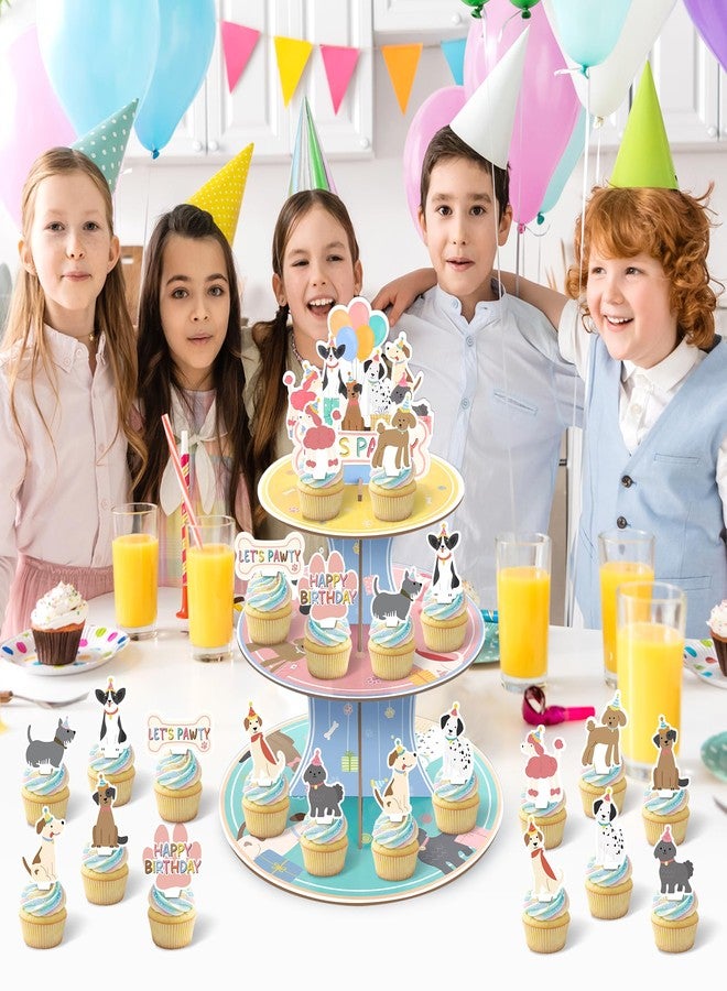 زينة كعكة عيد ميلاد كلب بتصميم كلاسيكي عتيق، حامل كب كيك بثلاث طبقات مزين بعبارة "عيد ميلاد سعيد" مع 24 قطعة تزيين للكعكة على شكل كلب، زينة لحفلات أعياد الميلاد وحفلات استقبال المولود الجديد، هدايا تذكارية. - Image 4