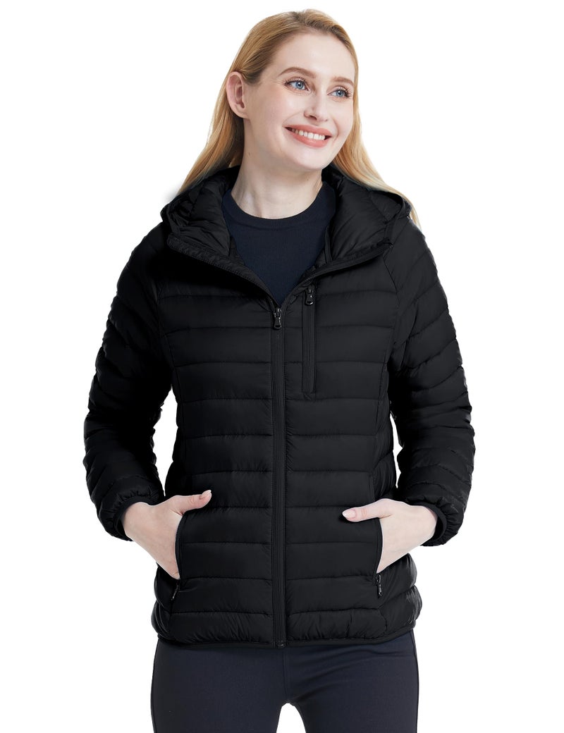 wantdo Women's Packable Down Jacket Lightweight Puffer Jacket Hooded Winter Coat Black Small - Image 3