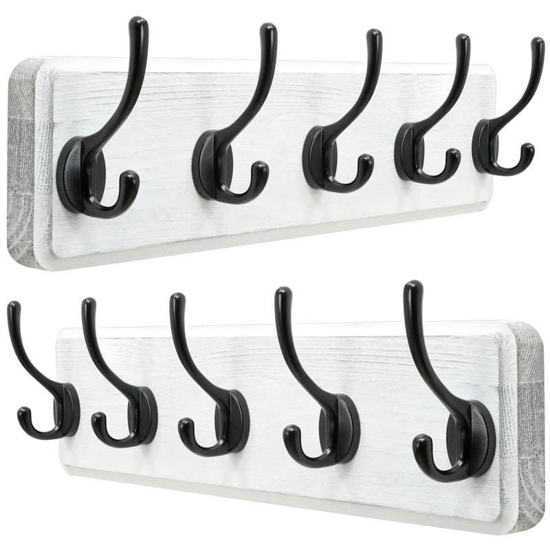 Dseap Coat Rack Wall Patented HeavyDuty 5DoubleHooks Wooden Wall Mounted Coat Rack Coat Hanger Hook Rail for Winter Coats Hat Jacket Clothing White Black Pack of 2