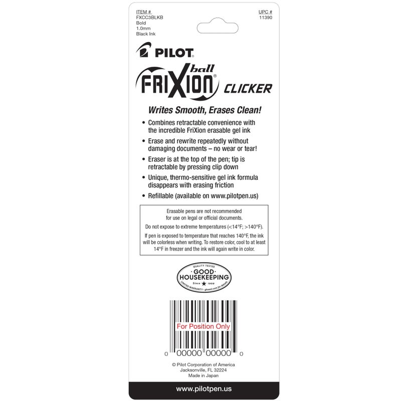 PilotÂ® FriXionÂ® Ball Clicker Erasable Retractable Gel Pens, Pack of 3, Bold Point, 1.0 mm, Black Barrels, Black Ink - Image 2