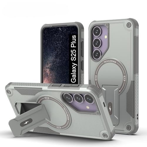 US LITE Back Cover for Samsung Galaxy S25 Plus with Portable Kickstand | Mag-Safe Compatible Magnetic Case | Shockproof Military Grade Protection | Extreme Protection Phone Cover – Grey - Image 1