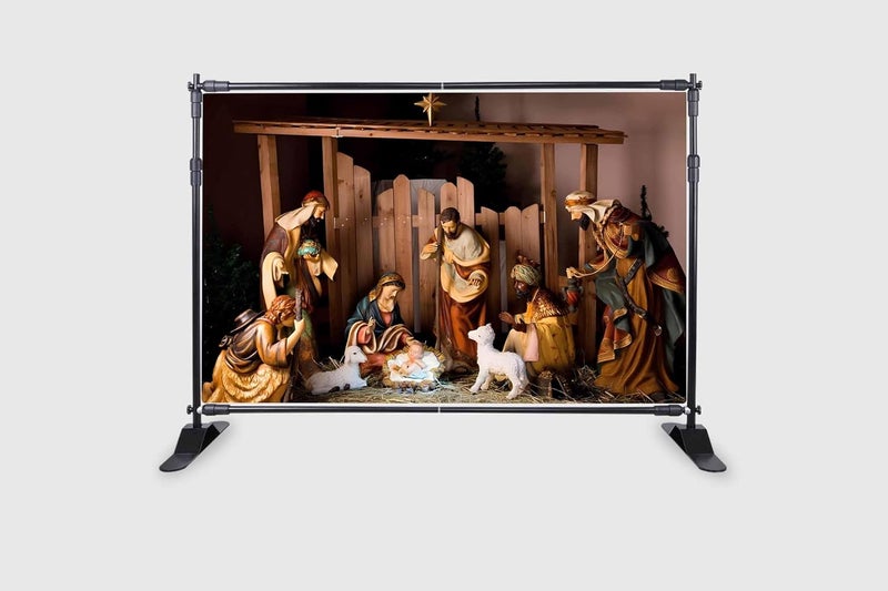 Backdropon خلفية تصوير ميلاد يسوع المسيح مشهد المهد تماثيل العذراء مريم والأغنام الصغيرة لافتة زينة حفلات حجم 5 أقدام ارتفاع و8 أقدام عرض (5 * 8) - Image 2