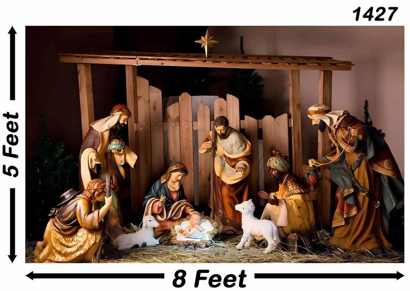 Backdropon خلفية تصوير ميلاد يسوع المسيح مشهد المهد تماثيل العذراء مريم والأغنام الصغيرة لافتة زينة حفلات حجم 5 أقدام ارتفاع و8 أقدام عرض (5 * 8) - Image 3