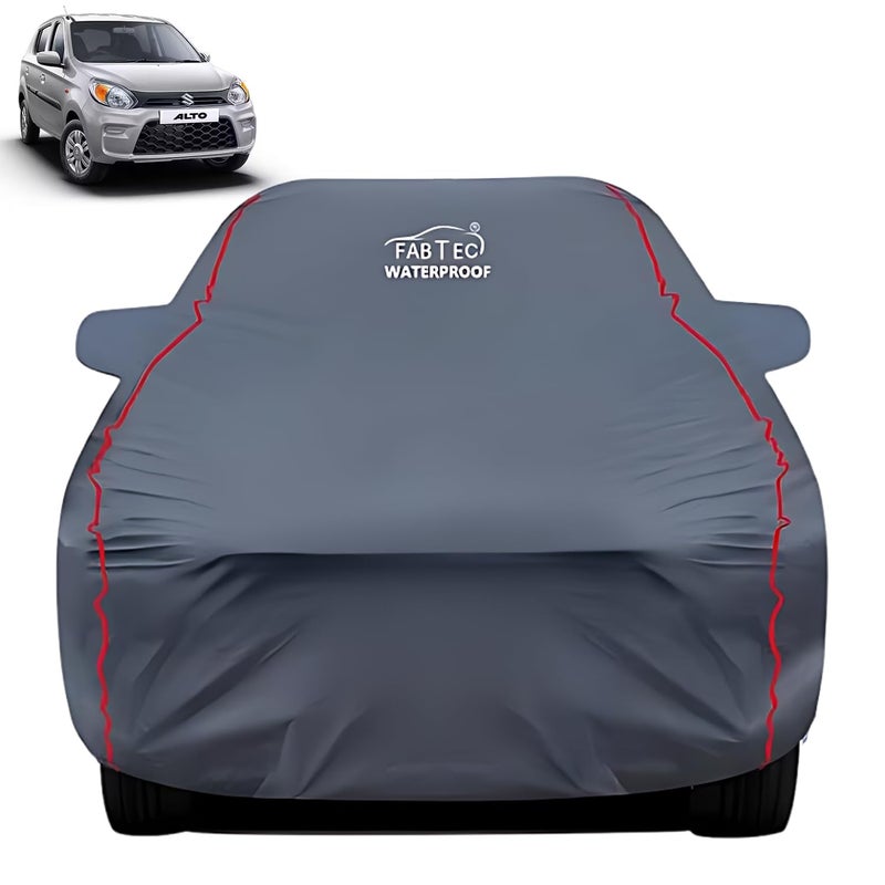 FABTEC Waterproof Premium Car Cover for Maruti Alto 800 with Mirror Pocket Super Waterproof Car Body Cover Heavy Duty Durable PEVA Grey with Red Piping - Image 1