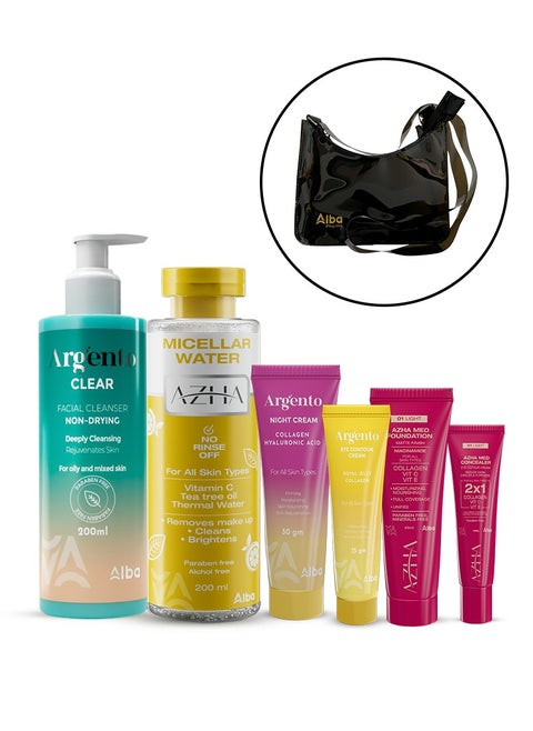 Argento Clear Cleanser 200 ml + Azha Micellar Water 200 ml + Azha Concealer 12 ml 01 + Azha Foundation 25 ml 01 + Argento Night Cream 30 g + Argento Eye Contour 15 g + New black bag