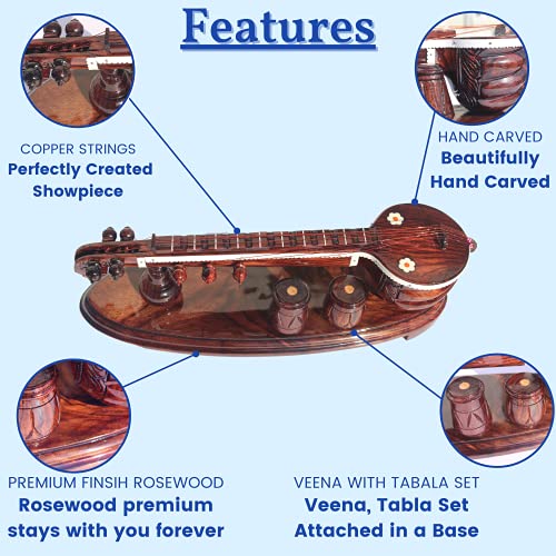 GIFT EQUALS LOVE Rose Wooden Veena Tabala Set Showpiece Handcrafted Premium Finished 12 Inches with Attached Tabala Set Showpiece Decor Set for Home and Pooja Room - Image 2