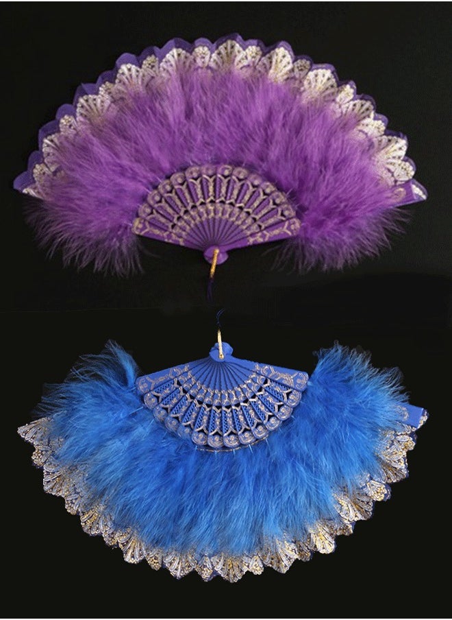 GMORO Feather Hand Fans, 2 Pieces Folding Hand Fans Queen Fans for 20s Women Clothing Party Dance Photography Wedding Decoration (Blue, Purple)  - Image 1