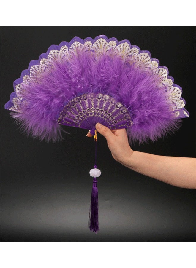 GMORO Feather Hand Fans, 2 Pieces Folding Hand Fans Queen Fans for 20s Women Clothing Party Dance Photography Wedding Decoration (Blue, Purple)  - Image 3