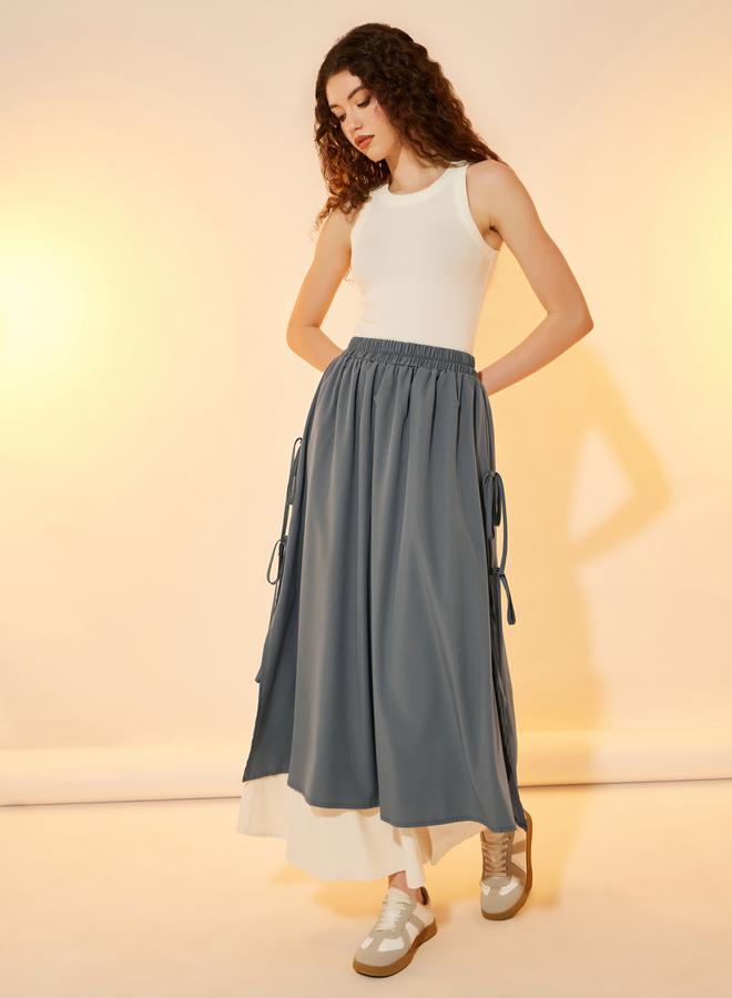Take Two Color Block Layered A-Line Maxi Skirt with Tie-Up Detail - Image 1