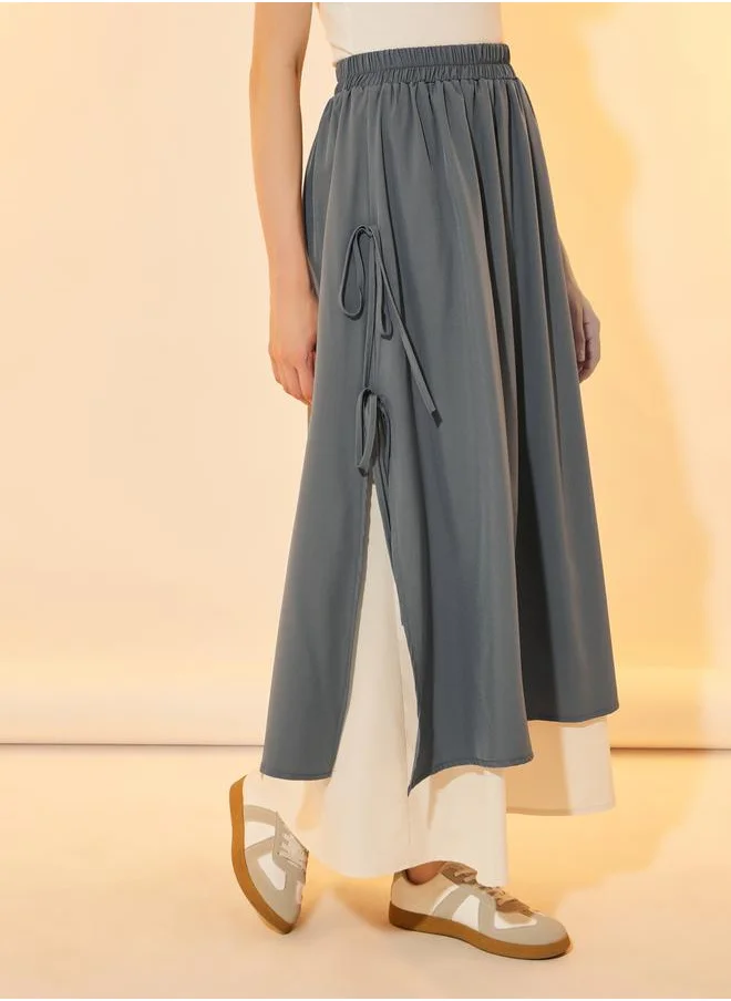 Styli Color Block Layered A-Line Maxi Skirt with Tie-Up Detail