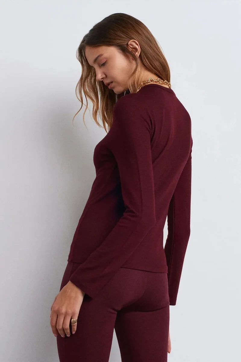 Dilvin Burgundy Red DILVIN Slim Fit V-Neck Button Blouse for Women | Best Price UAE