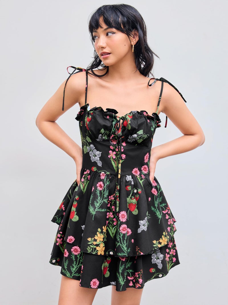 CIDER Woven Floral & Fruit Ruffle Hem Knotted Layered Mini Dress: Black, L - Image 3