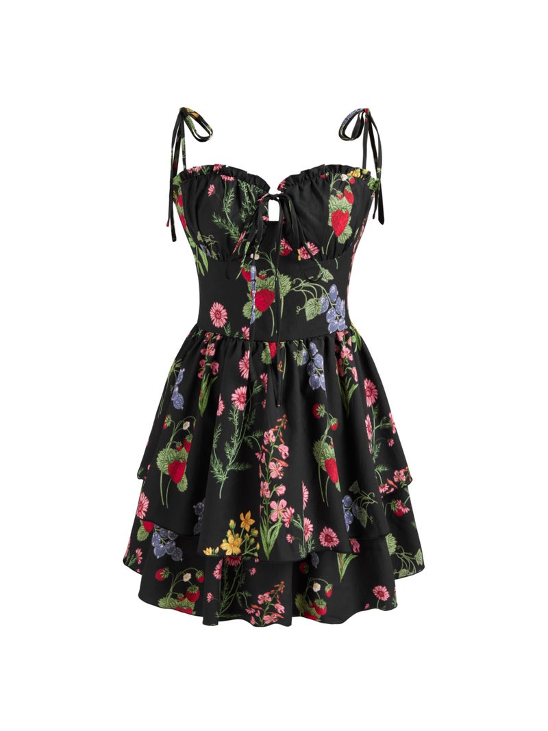 CIDER Woven Floral & Fruit Ruffle Hem Knotted Layered Mini Dress: Black, L - Image 1