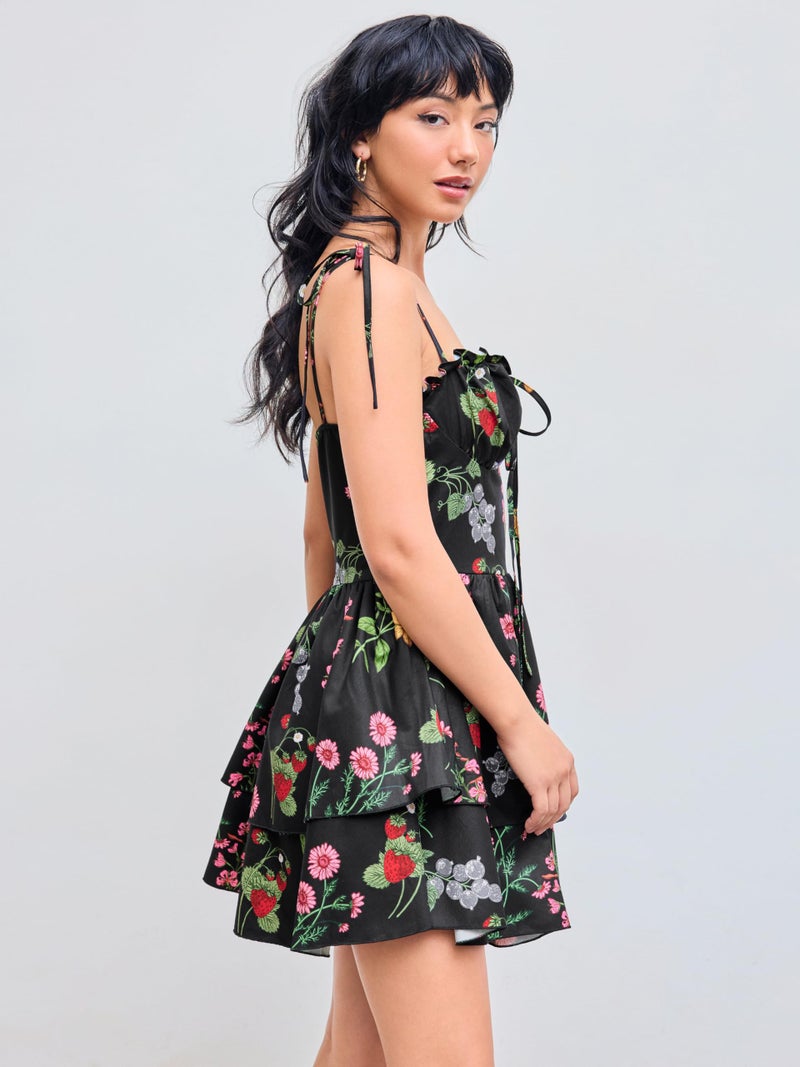 CIDER Woven Floral & Fruit Ruffle Hem Knotted Layered Mini Dress: Black, L - Image 4