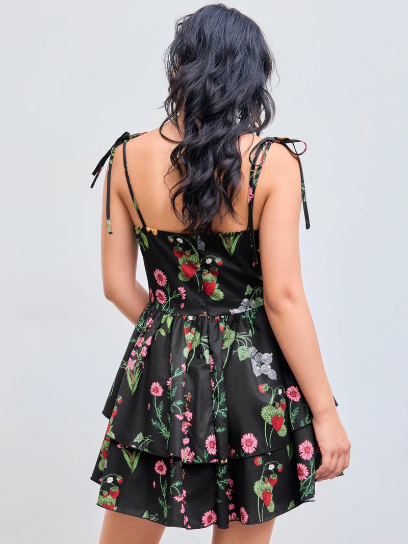 CIDER Woven Floral & Fruit Ruffle Hem Knotted Layered Mini Dress: Black, L - Image 5