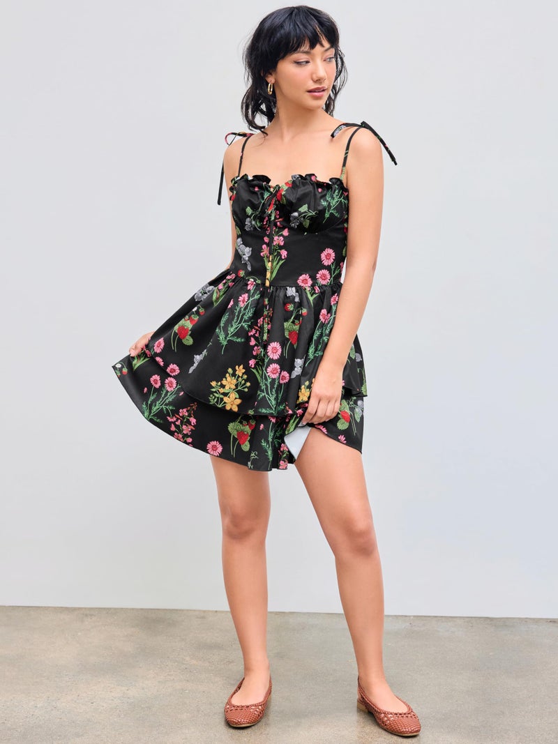 CIDER Woven Floral & Fruit Ruffle Hem Knotted Layered Mini Dress: Black, L - Image 2