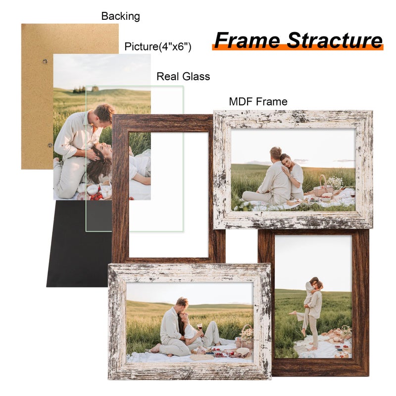 YESKAY 4x6 Collage Picture Frames, Multi Family Photo Frame with Real Glass, Displays Four 4x6 Photo, Wall Decor Wall Hanging or Tabletop, Distressed White+Rustic Brown - Image 3