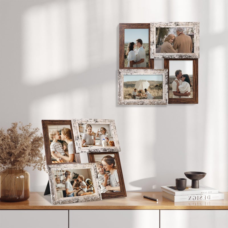YESKAY 4x6 Collage Picture Frames, Multi Family Photo Frame with Real Glass, Displays Four 4x6 Photo, Wall Decor Wall Hanging or Tabletop, Distressed White+Rustic Brown - Image 2