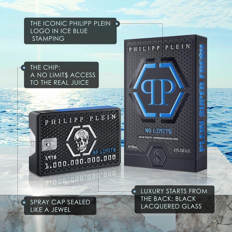 PHILIPP PLEIN Multi-purpose fine material Philipp Plein No Limits Super Fresh Eau de Toilette 90 ml – Perfume for Men – Fresh and Woody Notes – A Wave of Energy, Hedonism and Success – Black and Blue Lacquered Glass Bottle Nationwide warehouse layout - Image 2