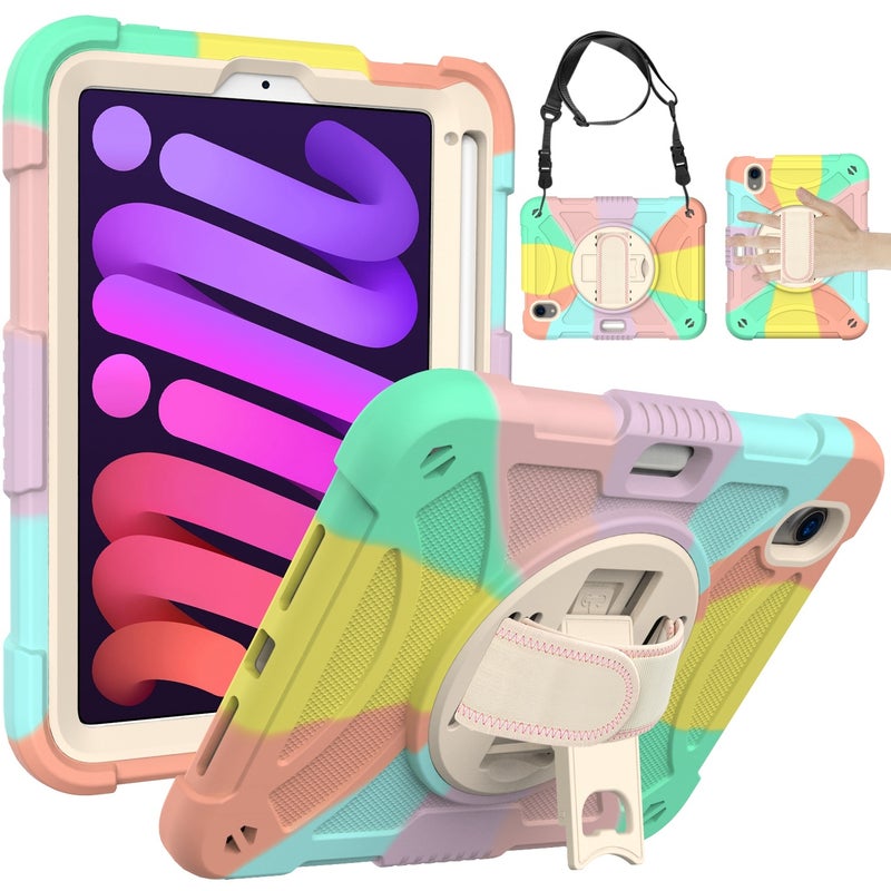 HuHa Protective Cover For iPad mini 6 / mini 2024 PC Hybrid Silicone Tablet Case with Holder & Hand Strap & Shoulder Strap(Colorful Rose Gold) - Image 1