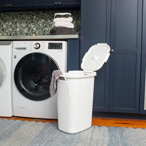 Mind Reader Slim Laundry Hamper with Lid, 60L Tall Clothes Basket, Narrow Tapered Design for Bathrooms, Closets and Laundry Rooms, Plastic, White - Image 2