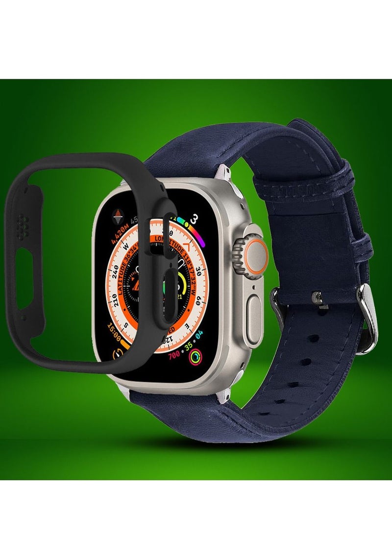 CATANES 2 Packs For Apple Watch Band 49mm Leather Band Buckle Strap Wristband and Black Cup Holder Dark Blue - Image 2