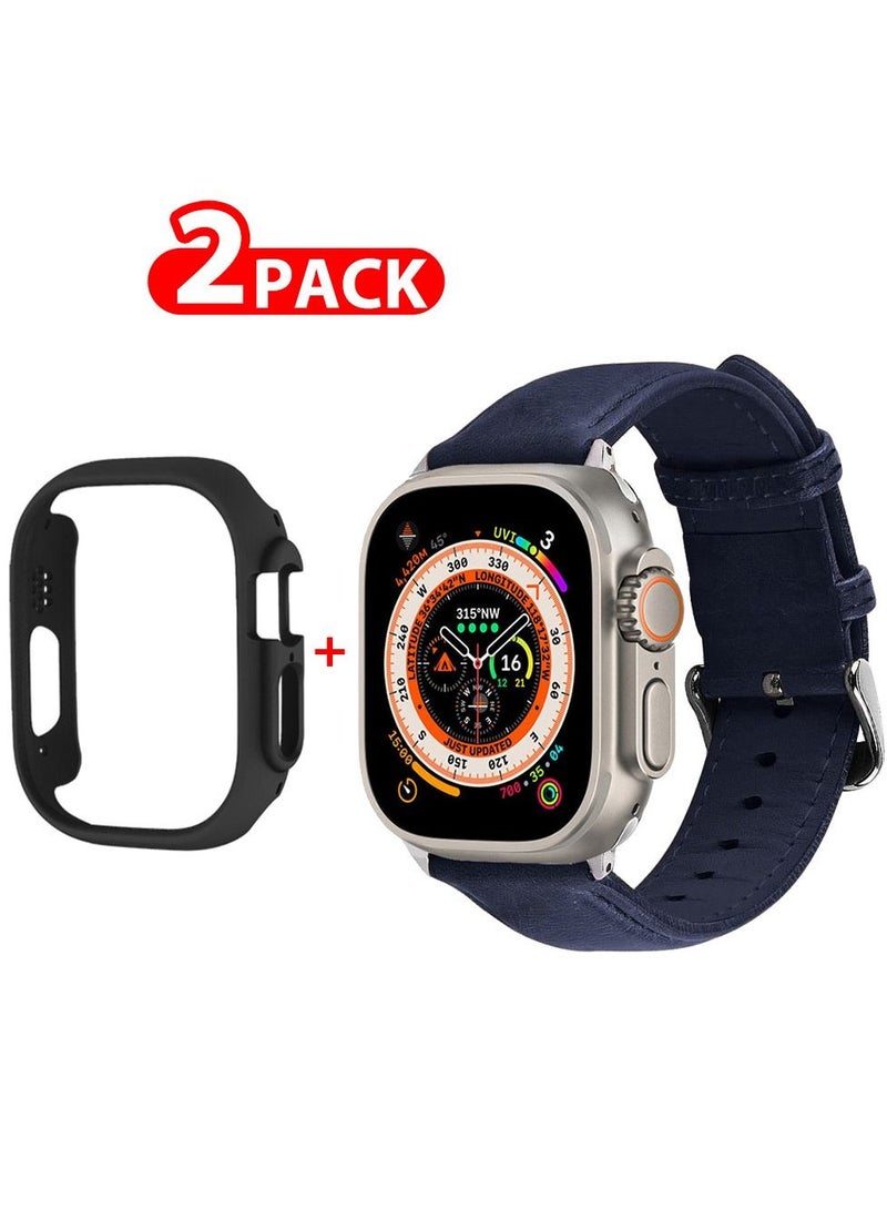 CATANES 2 Packs For Apple Watch Band 49mm Leather Band Buckle Strap Wristband and Black Cup Holder Dark Blue - Image 1