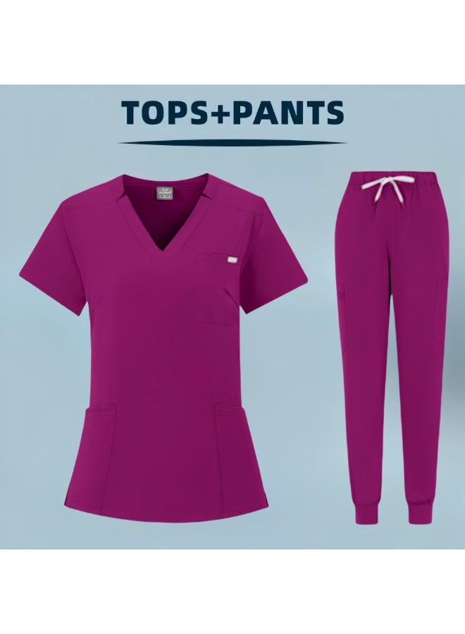 Loquat Womens Medical Scrubs Set Medical Uniform Set Rose Red - Image 1