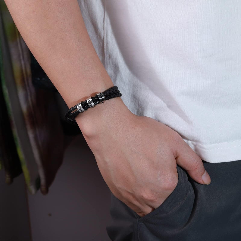 Personalized Mens Leather Bracelet with 5 Custom Beads and Name Engraving - Image 5