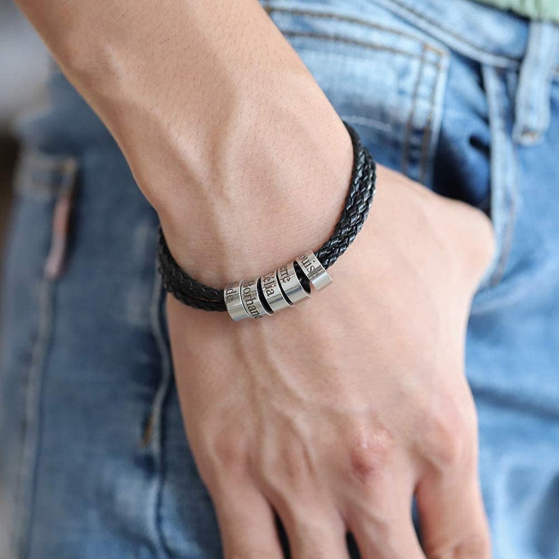 Personalized Mens Leather Bracelet with 5 Custom Beads and Name Engraving - Image 3