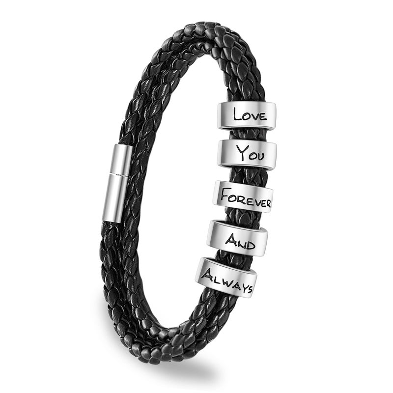 Personalized Mens Leather Bracelet with 5 Custom Beads and Name Engraving - Image 2