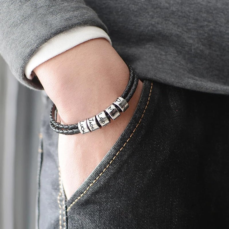 Personalized Mens Leather Bracelet with 5 Custom Beads and Name Engraving - Image 4