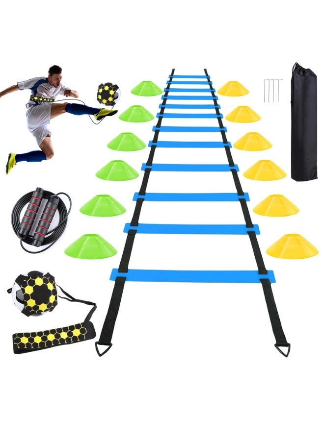 مجموعة معدات تدريب كرة القدم - سلم خفة الحركة بطول 20 قدمًا، و12 مخروطًا، و4 حواجز خفة الحركة، وحبل قفز، ومدرب ركل - مثالية للأطفال والكبار، وتدريبات القدم، وإكسسوارات كرة القدم، والهدايا - Image 1