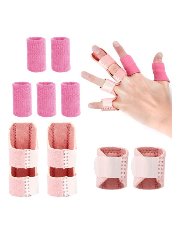 SAVITA 9pcs Trigger Finger Splints, 4pcs Finger Splints 5pcs Small Finger Sleeves Fabric Soft Finger Brace Splint for Broken Finger Protection (Pink)  - Image 1