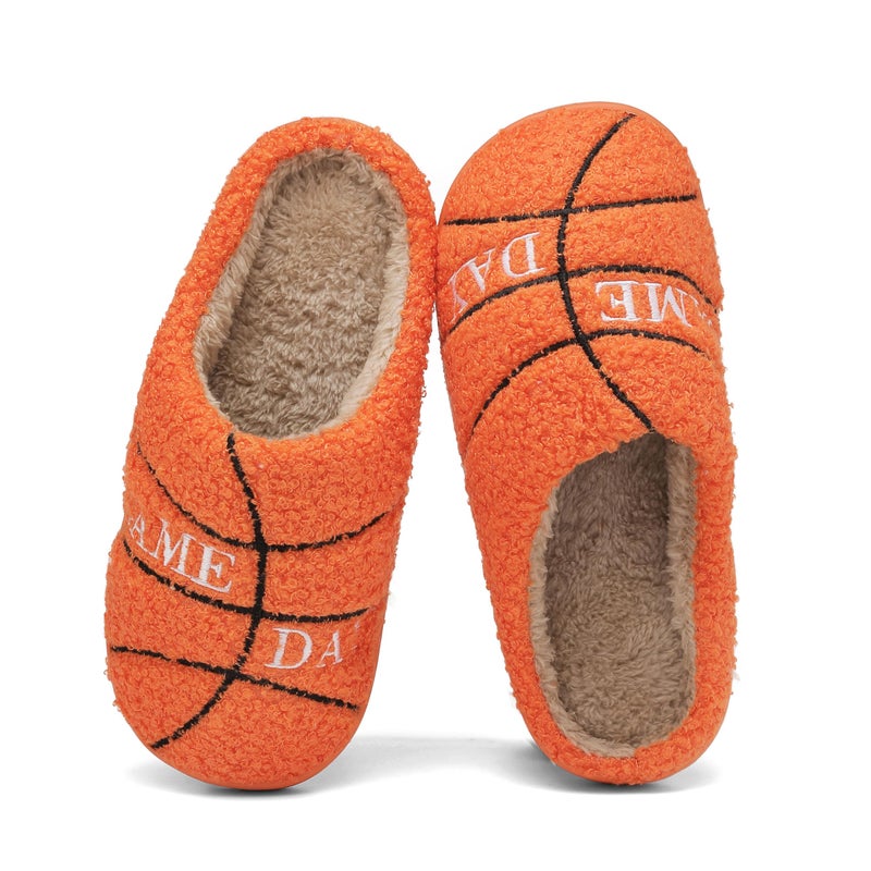 INMINPIN Women Men Ball Sports Slippers Soft Curly Plush House Shoes Cozy Bedroom Slippers Indoor Outdoor with Non Slip Sole for Sports Fan, Basketball Orange 5-6 Women/3-4 Men - Image 1