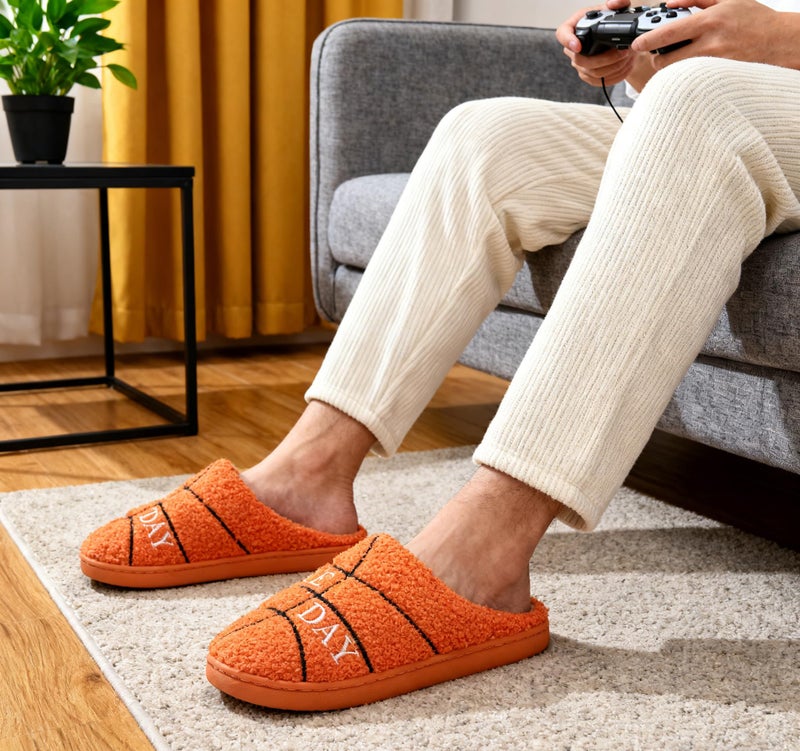INMINPIN Women Men Ball Sports Slippers Soft Curly Plush House Shoes Cozy Bedroom Slippers Indoor Outdoor with Non Slip Sole for Sports Fan, Basketball Orange 5-6 Women/3-4 Men - Image 2