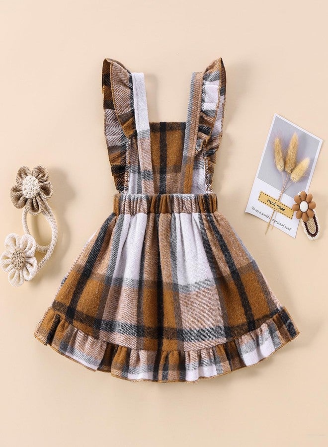 Douhoow Baby Girls' Dresses Fly Sleeve Plaid Baby Dress Flannel Overall Skirt Dress Fall Winter Festival Outfits (Brown, 6-12 Months) - Image 3