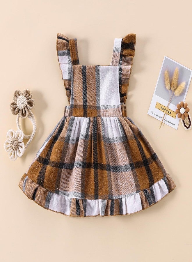 Douhoow Baby Girls' Dresses Fly Sleeve Plaid Baby Dress Flannel Overall Skirt Dress Fall Winter Festival Outfits (Brown, 6-12 Months) - Image 2