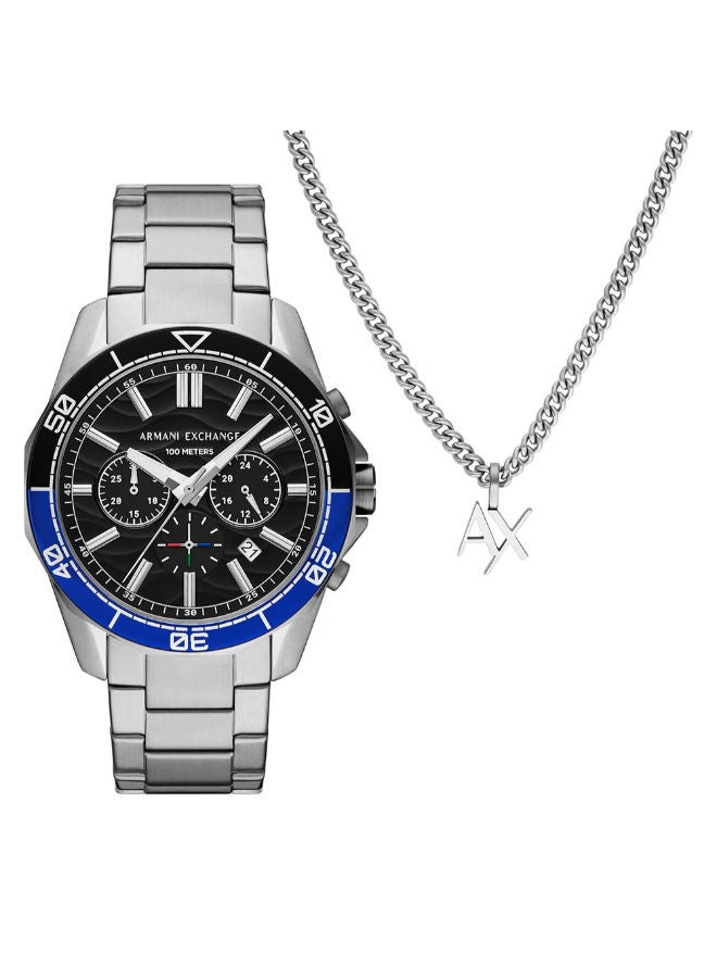 ارماني اكسشينج Men Stainless Steel Chronograph Wrist Watch AX7166SET with A Matching Silver-Tone Necklace - Image 1