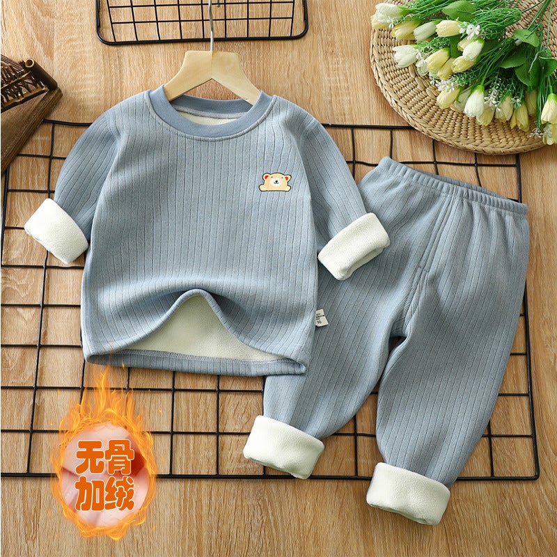 Children''s Warm suit fleece-lined Thickened Autumn and Winter New Baby''s Base Underwear Mid-Autumn Clothes Autumn Trousers Children''s suit - Image 1
